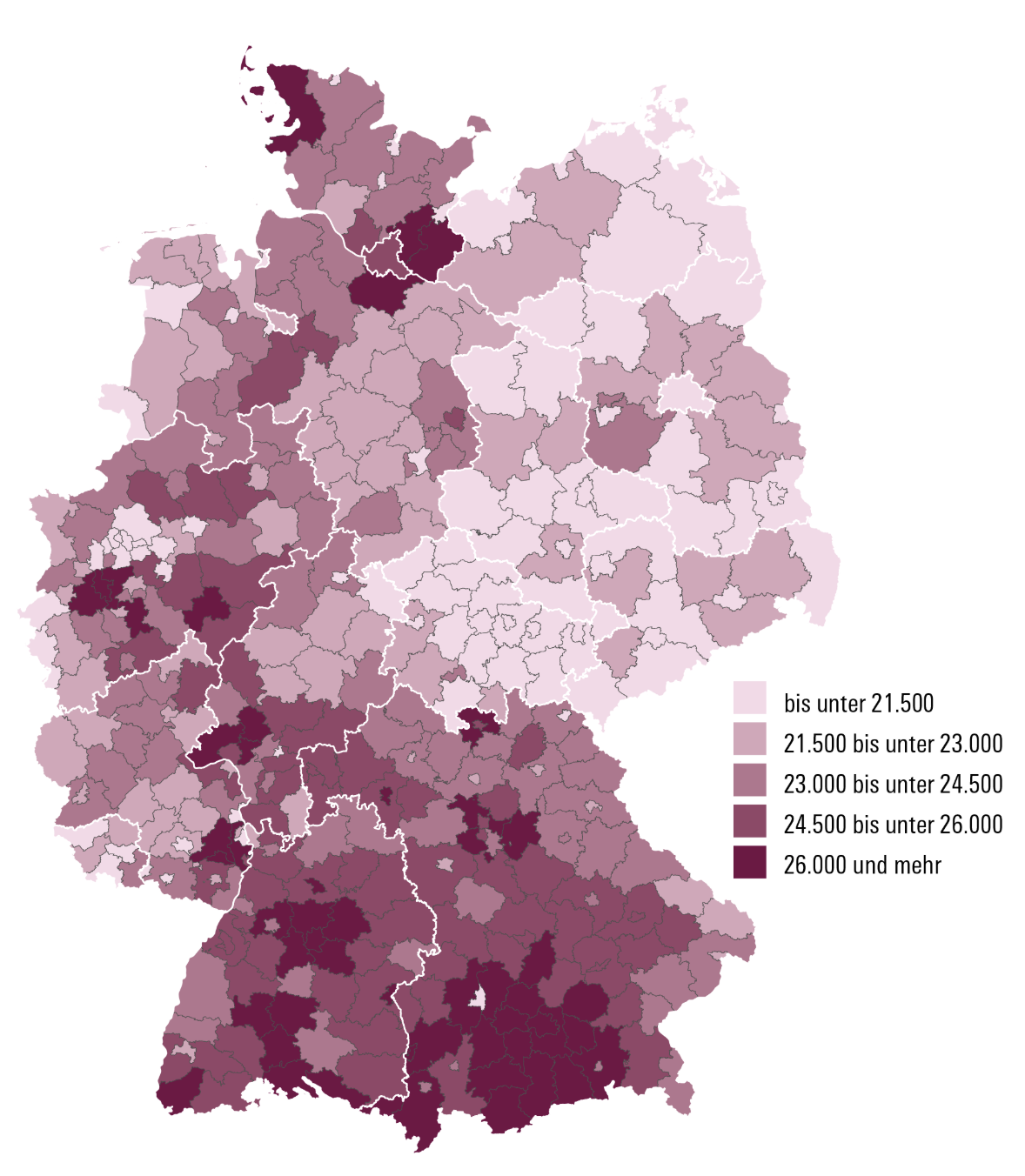 Deutschlandkarte in Rosa- und Violetttönen zeigt regionale Einkommensstufen mit Legende.